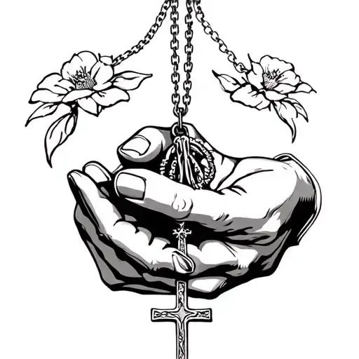necklace of prayer hands that is also holding a small necklace that has a cross on it tattoo design idea
