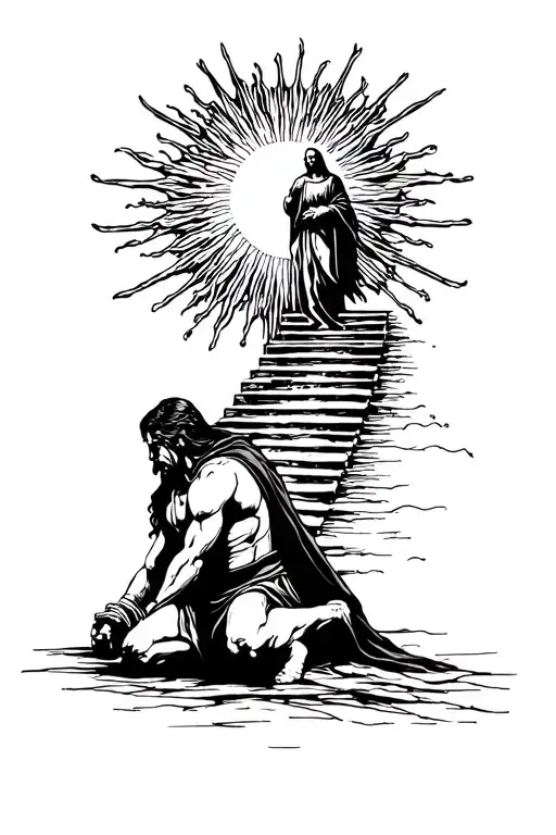 warrior kneeling to god with the sun shining and stairway to heaven tattoo design idea