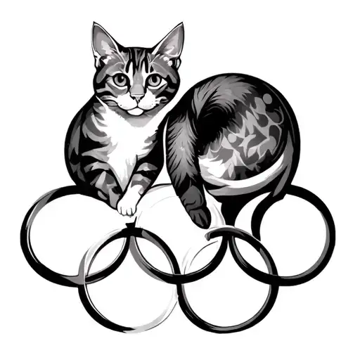 Tattoo in the form of Olympic rings. The first ring is objects of rhythmic gymnastics, the second cat and with tattoo design idea