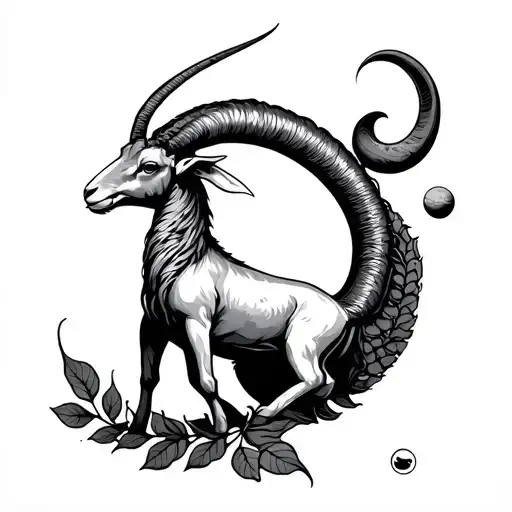 sea goat and tail with the capricorn zodiac sign with leaves and the planet saturn tattoo design idea