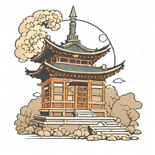 a big japanese pagoda coming out of a rectangular japanese omamori charm tattoo design idea