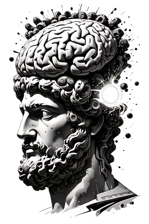 uploaded intelligence, cybernetic brain bursting from ancient greek statue tattoo design idea