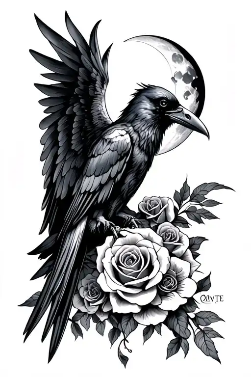 raven with open wings, moon, roses, memento mori tattoo design idea