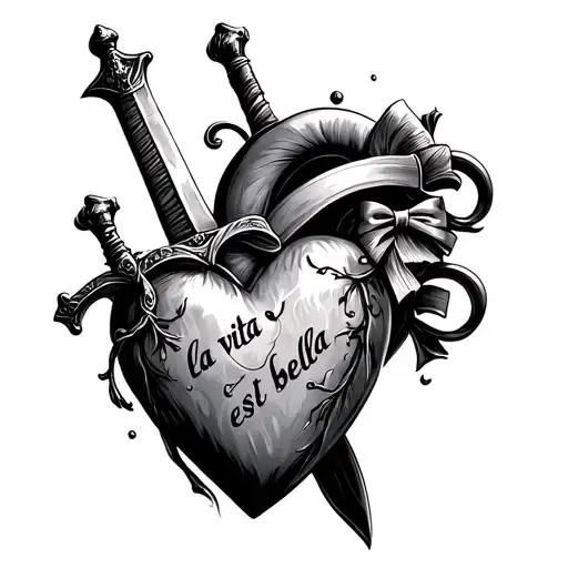 heart being penetrated by a sword with a bowtie saying "la vita est bella" tattoo design idea