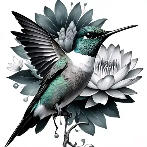 hummingbird and water lily flowers tattoo design idea