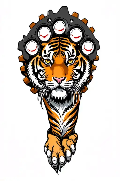 Tattoo in the form of a paw of a tiger on the hand, and on the forearm of the gear of a tiger with elements of biomechanics tattoo design idea