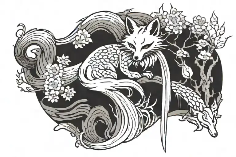 kitsune fox full body pagoda waterfall lotos flower japan style fox set on right and show 9 tails tattoo design idea