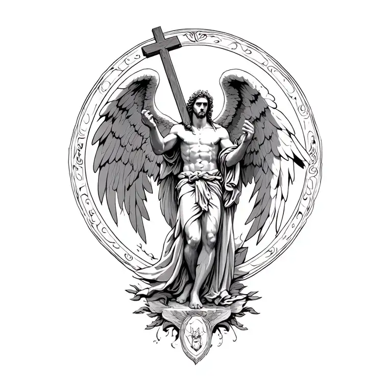 The creation of the Archangel Michael who defeated Satan stands on it and holds a wooden cross in his hands, which he ho tattoo design idea