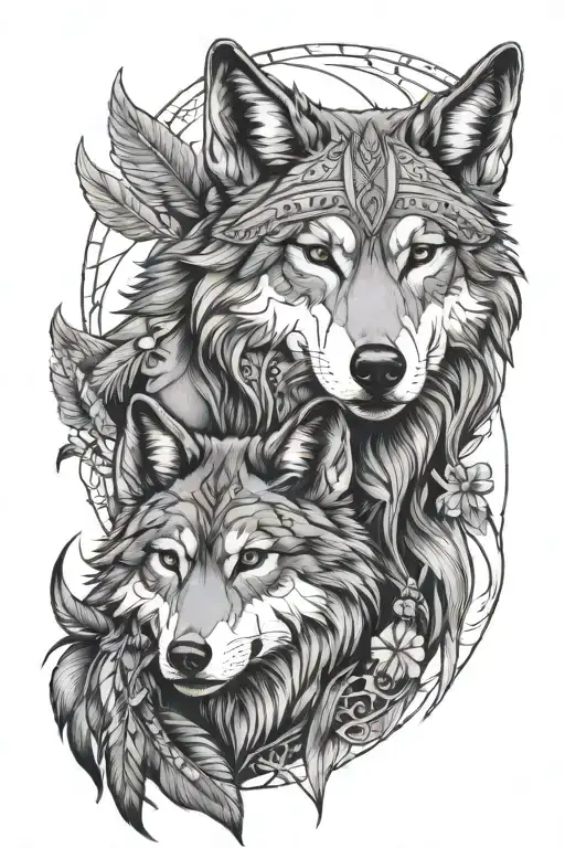 wolf with native Colombian woman tattoo design idea