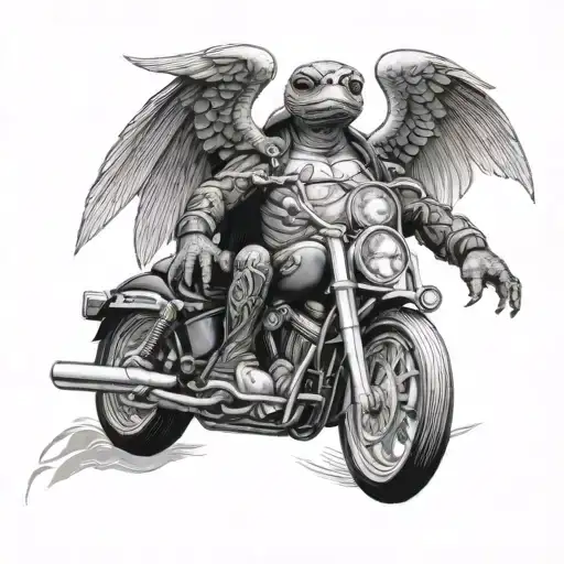 turtle riding a Harley Davidson with angel wings   tattoo design idea