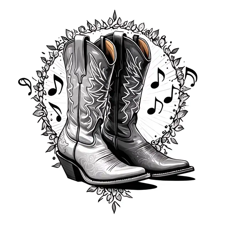 Cowboy Boot with muaic notes coming out of boot tattoo design idea