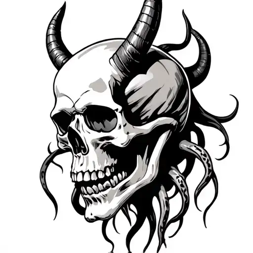 A tattoo of a skull turned slightly to the right, with devil horns, the skulls jaw slightly open and tentacles coming ou tattoo design idea