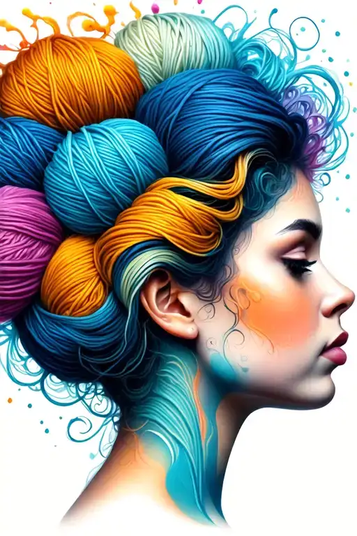 side profile female face with large weaves of yarn exploding from top it tattoo design idea