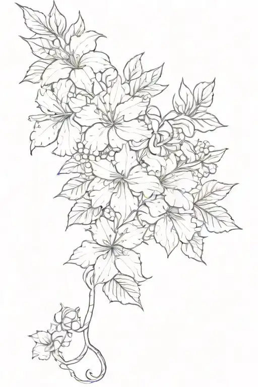 fine line tattoo vine of flowers, including bitterroot, roses, hibiscus, forget-me-not, columbines, and rhododendrons tattoo design idea