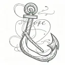 Create a script tattoo of the word “hope” in the form of an anchor tattoo design idea