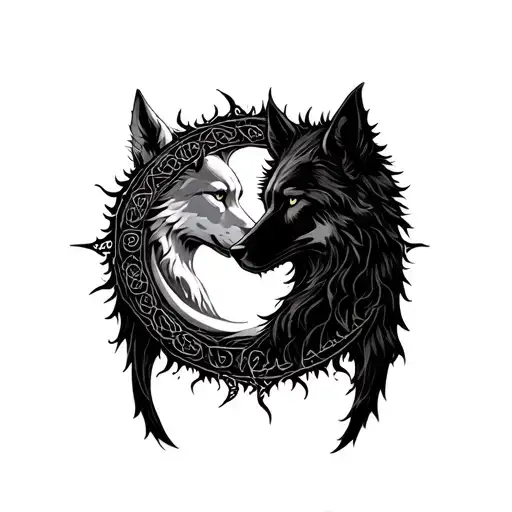 Good wolf (sun) bad wolf (moon) around the Yggdrasil, in a circle tattoo design idea