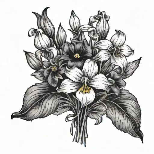 Can you draw me a flower bouquet with coronation flower, snowdrop flower, iris flower, pansy flower, daisy flower, sweet tattoo design idea