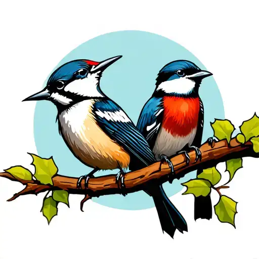 woodpecker, nuthatch and chickadee on a branch, native american styling tattoo design idea