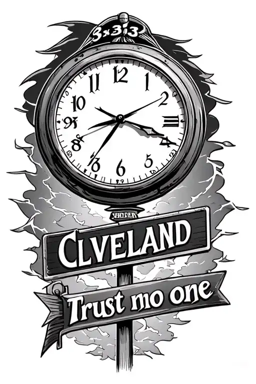 a clock saying 3:33,  and a street sigh saying Cleveland, and a thunder back ground, saying trust no one  tattoo design idea