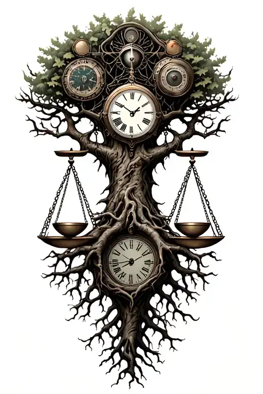 gothic tree of life with midevil roots intertwined with v-twin motor, libra scales and a clock tattoo design idea
