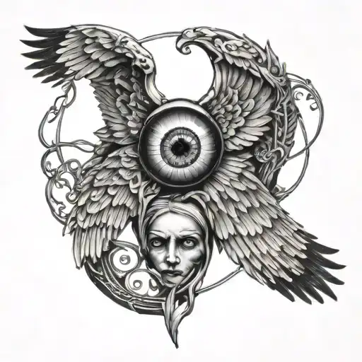 creepy eyeball seraphim angel wings tattoo design idea