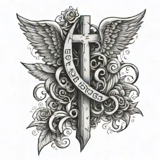 place this text "Angel mi, tu mecum sis, Me antecedas, ego te sequar" on both sides of the cross in a nice  tattoo design idea