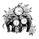 three elephants between two clocks and roses intertwined tattoo design idea