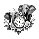 three elephants between two clocks and roses intertwined tattoo design idea