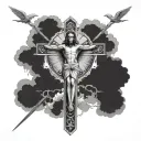 Jesus on the cross with st micheal on the right and st Gabriel on the left tattoo design idea