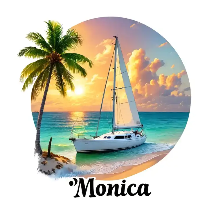 "Monica" "Monica" white catamaran sailing, sunrise, small island palm, ocean beach outside of circle at bottom tattoo design idea