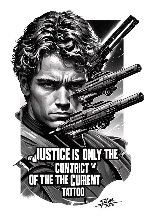 Star wars, anakin, light saves, blasters, ships, fighting, use the quote "justice is only the construct of the current p tattoo design idea