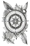 compass and arrow with zodiac sign intertwined along with coordinates tattoo design idea