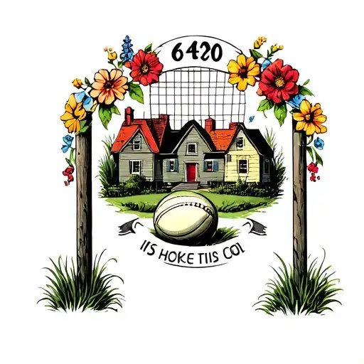 Handball cage and rugby post and two houses with flowers and grass then a number 64290 tattoo design idea
