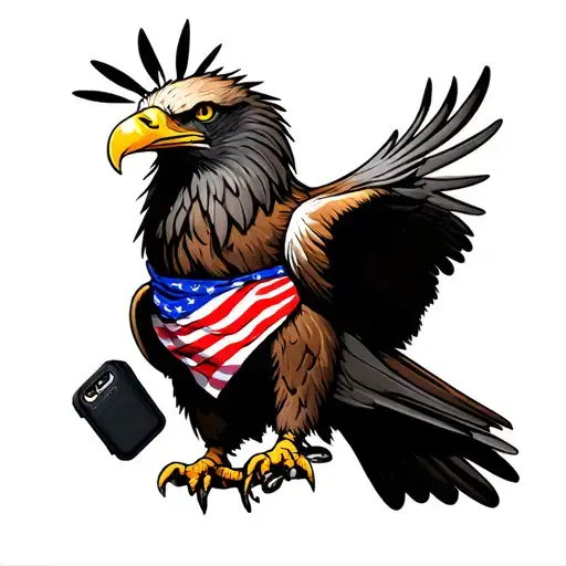Bald Eagle wearing an American Flag bandana and clutching a black case. tattoo design idea
