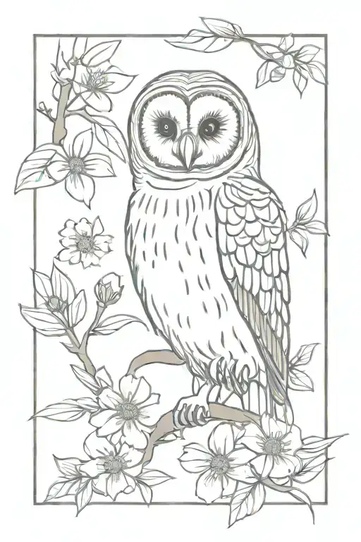 barred owl with flowers tattoo design idea