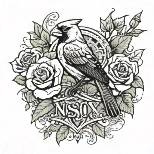 roses and cardinal with Red Sox logo and Notre dame logo with death dates  tattoo design idea