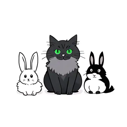 a black cat with green eyes, a fluffy gray cat with green eyes, a white and black rabbit and a smaller black rabbit  tattoo design idea