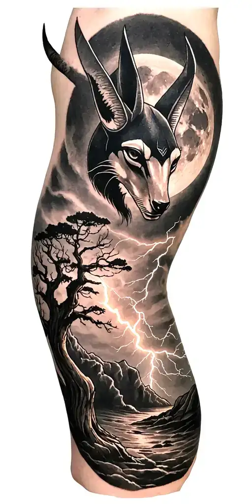 viking rume and moon and tree and lightning bolt Featuring Anubis tattoo design idea