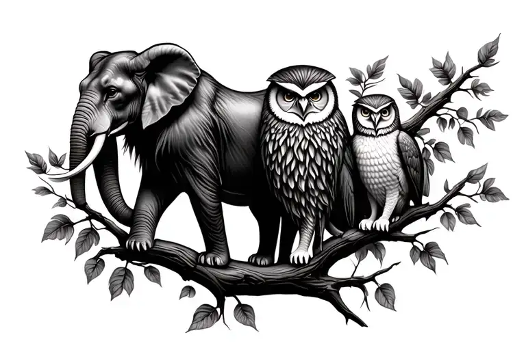 elephant, lion and owl perched on a branch intertwined tattoo design idea