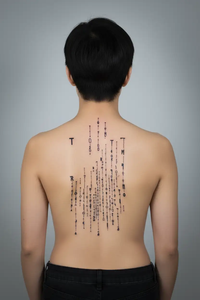 matrix falling code with letters T R M T L M Jack Reese Callie 7 9 10 10 2 08 tattoo design idea