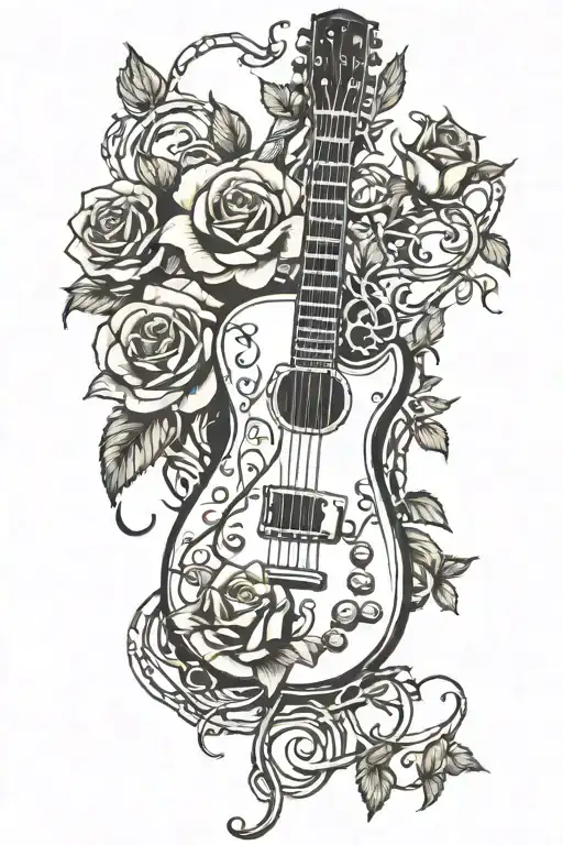 Electric guitar intertwined with rose vines tattoo design idea