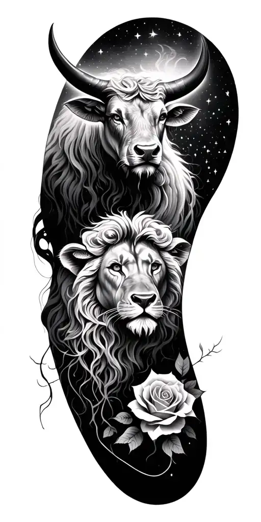 i want full sleeve tattoos with Bull, Tree, Roots , rose, Lion , Trishul, Constellation of Aquarius, Stars, or Abstract  tattoo design idea