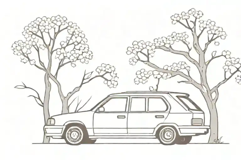 Japanese car against the background of sakura tree tattoo design idea