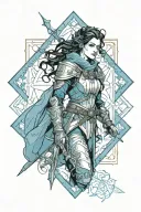 Syl from Stormlight Archive in black fine line art with blue highlights, incorporating the windrunner glyph  tattoo design idea