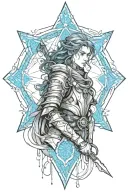 Syl from Stormlight Archive in black fine line art with blue highlights, incorporating the windrunner glyph  tattoo design idea