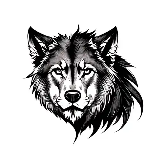 Half lion face and half wolf face, fierce looking tattoo design idea