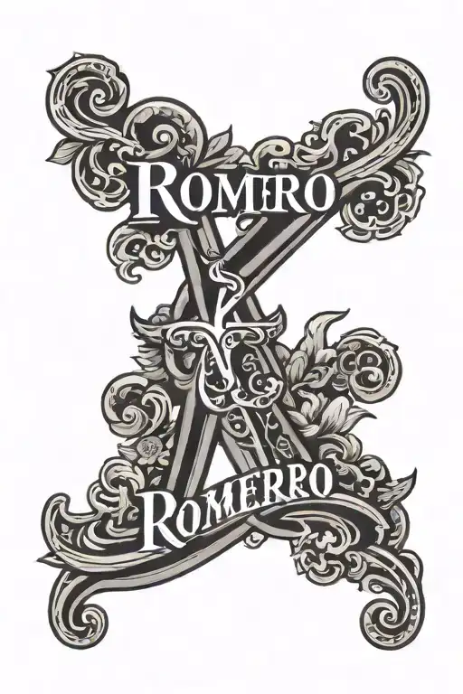 The Word Romero In Old English font and Traditional Hawaiian Tatooo style tattoo design idea