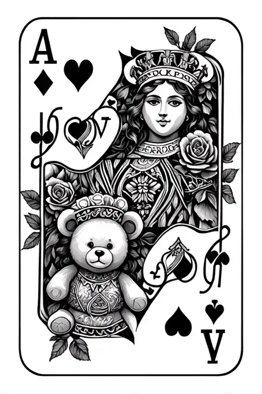 playing cards. one king one queens and one with teddy bear. all surrounded by roses with stems and throns tattoo design idea