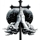 praying hands cross and clouds tattoo design idea