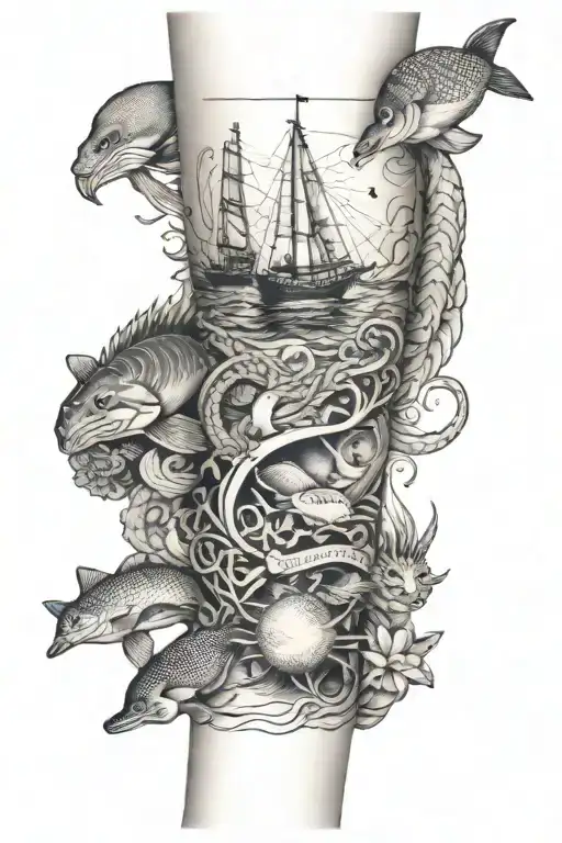 nautical arm sleeve featuring a collage tattoo featuring various water animals with inspirational quotes tattoo design idea